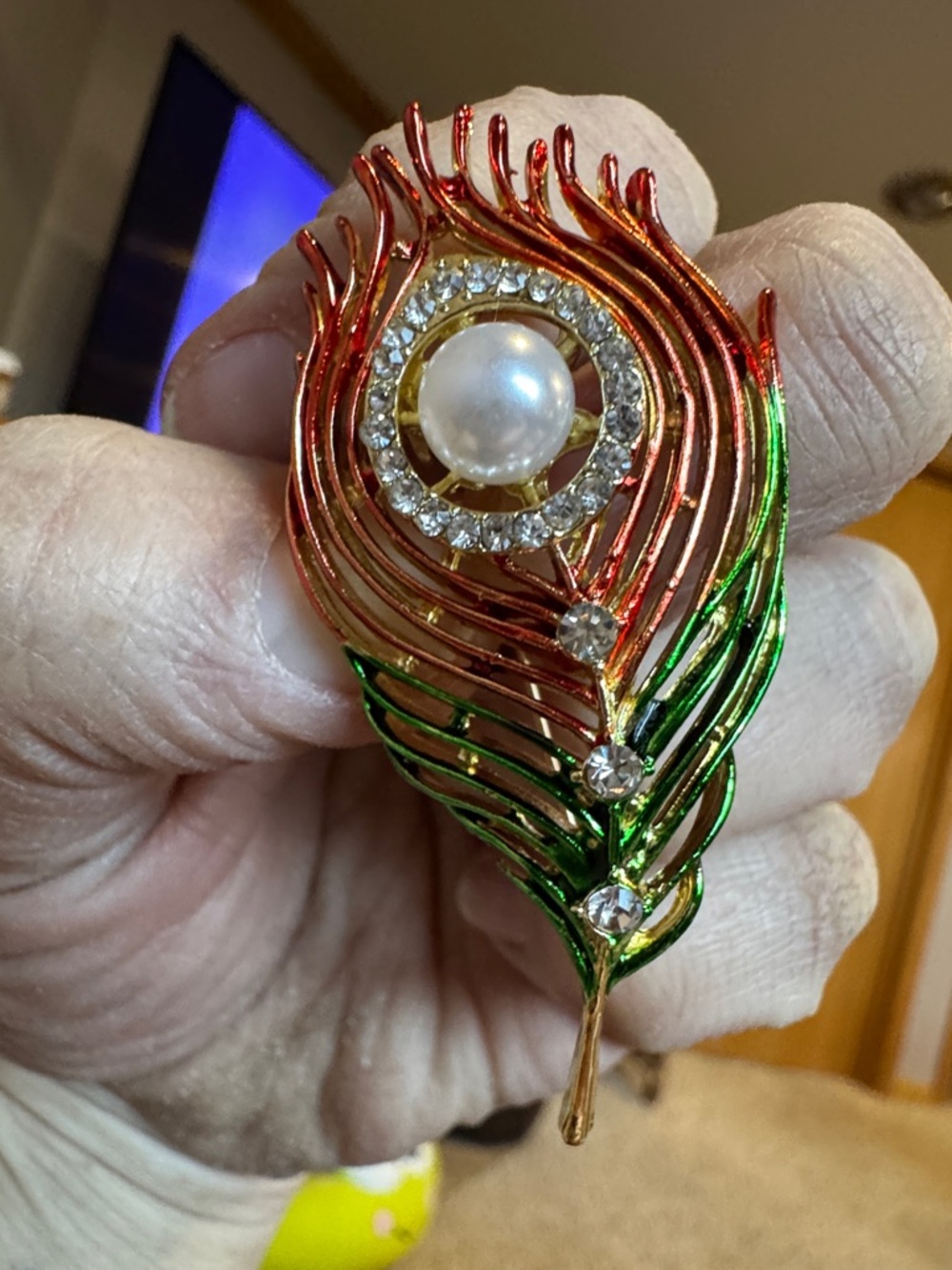 Pearl & Crystal Peacock Feather Brooch in Red and Green